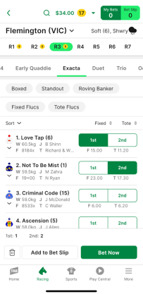 Screenshot of TAB app race page with 'Exacta' selected as the bet type and example 'Exacta' selections.