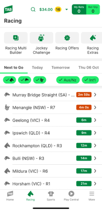 Screenshot of TAB app 'racing' homescreen.