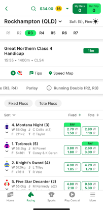 Screenshot of TAB app race page with 'Parlay' option shown on bet type menu.