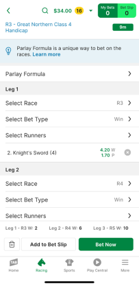 Screenshot of TAB app 'Parlay' bet builder with example 'Parlay' selections.