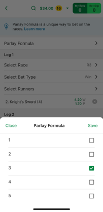 Screenshot of TAB app 'Parlay Formula Selection' screen.