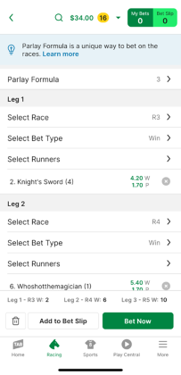 Screenshot of TAB app 'Parlay' bet builder with example 'Parlay' selections.
