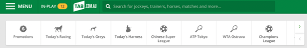 Screenshot of tab.com.au 'quick links' menu.