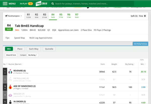 Screenshot of tab.com.au race page in 'Parlay' mode. 'Win' is selected as the 'Parlay' bet type.