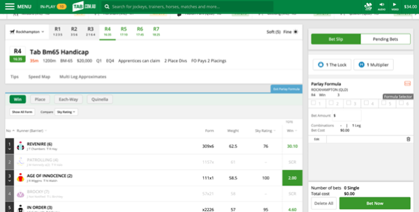 Screenshot of tab.com.au race page with 'Parlay' mode on and example selection for first leg of 'Parlay' bet.