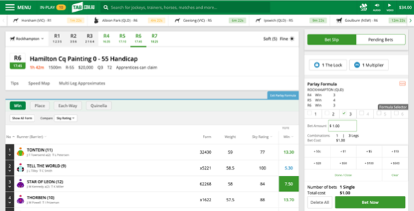 Screenshot of tab.com.au bet slip with example 'All-up Parlay' bet.