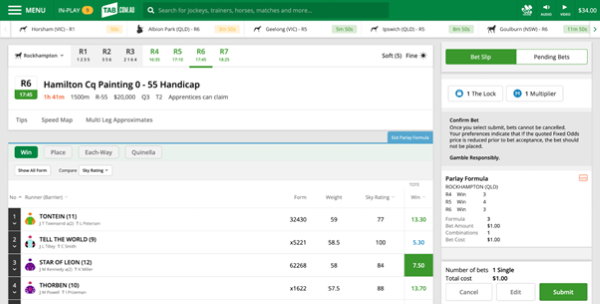 Screenshot of tab.com.au bet slip with example 'All-up Parlay' bet.