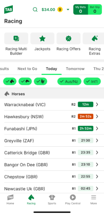 Screenshot of TAB app 'racing' homescreen.