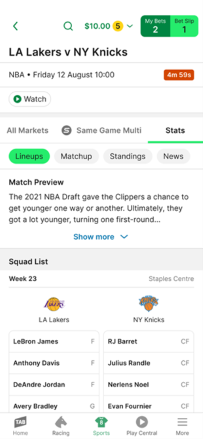 Screenshot of an NBA match preview on the NBA Stats Centre landing page within the TAB app.