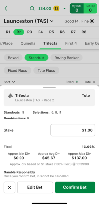 Screenshot of TAB app 'Confirm Bet' screen with example 'Standout, Trifecta' bet.