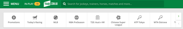 Screenshot of 'quick links' menu at top of tab.com.au screen.