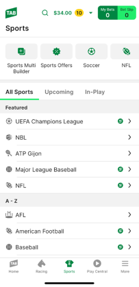 Screenshot of TAB app 'Sports' homepage.