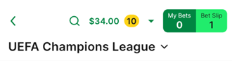 Screenshot of TAB app soccer league page with example 'Result' bet selection.