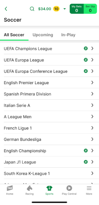 Screenshot of the TAB app soccer leagues homepage.