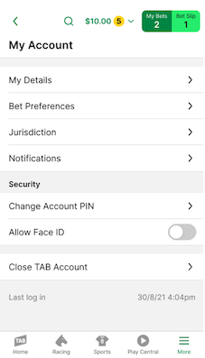 Screenshot of TAB app 'My Account' screen.