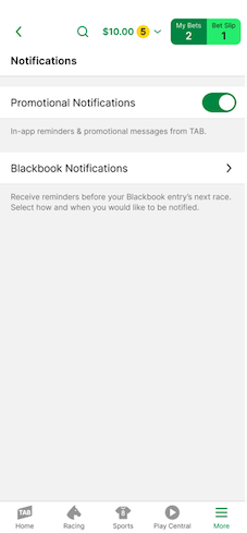 Screenshot of TAB app 'Notifications' options screen.