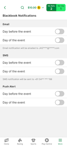 Screenshot of TAB app Blackbook notifications settings screen.