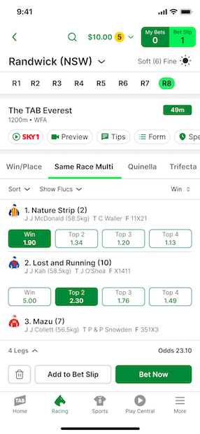 Screenshot of TAB app race card with example Same Race Multi selections.