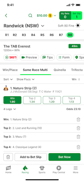 Screenshot of TAB app race card with example Same Race Multi selections and 'Bet Now' and 'Add to Bet Slip' options shown.