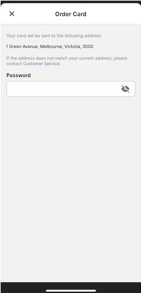 Screenshot of TAB digital account card 'order card' screen.