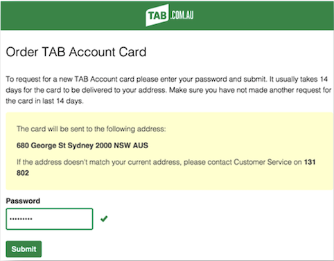 Screenshot of tab.com.au 'Order TAB Account Card' Screen.