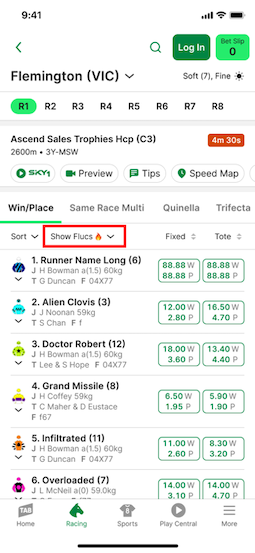 Image of TAB app race card with 'Show Flucs' button highlighted.