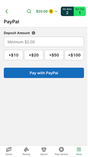 Image of TAB app PayPal deposit screen.