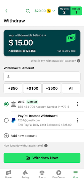 Image of TAB app 'Withdraw' screen. 3 dots appear next to PayPal account linked to account.