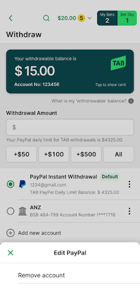 Image of TAB app remove PayPal account pop-up screen.