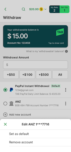 Image of TAB app edit account pop-up screen. 'Set as default' appears as an option.