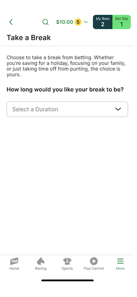 Image of TAB app 'Take a Break' screen. Duration selection option is shown.