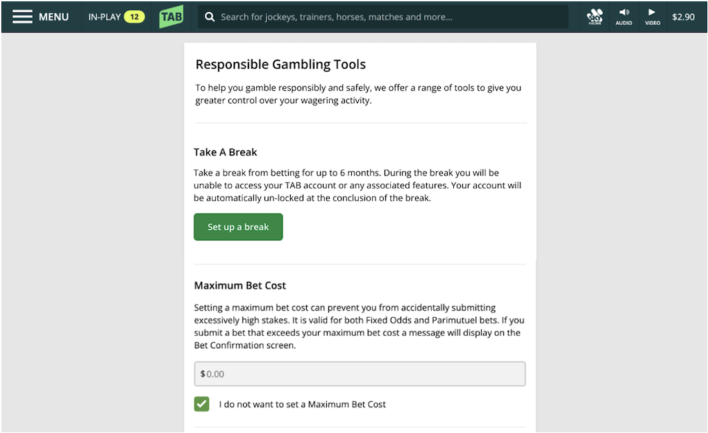 Screenshot of the tab.com.au 'Responsible Gambling Tools' screen.