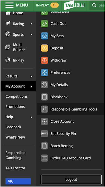 Screenshot of expanded 'My Account' menu at tab.com.au. 'Responsible Gambling Tools' button is shown.