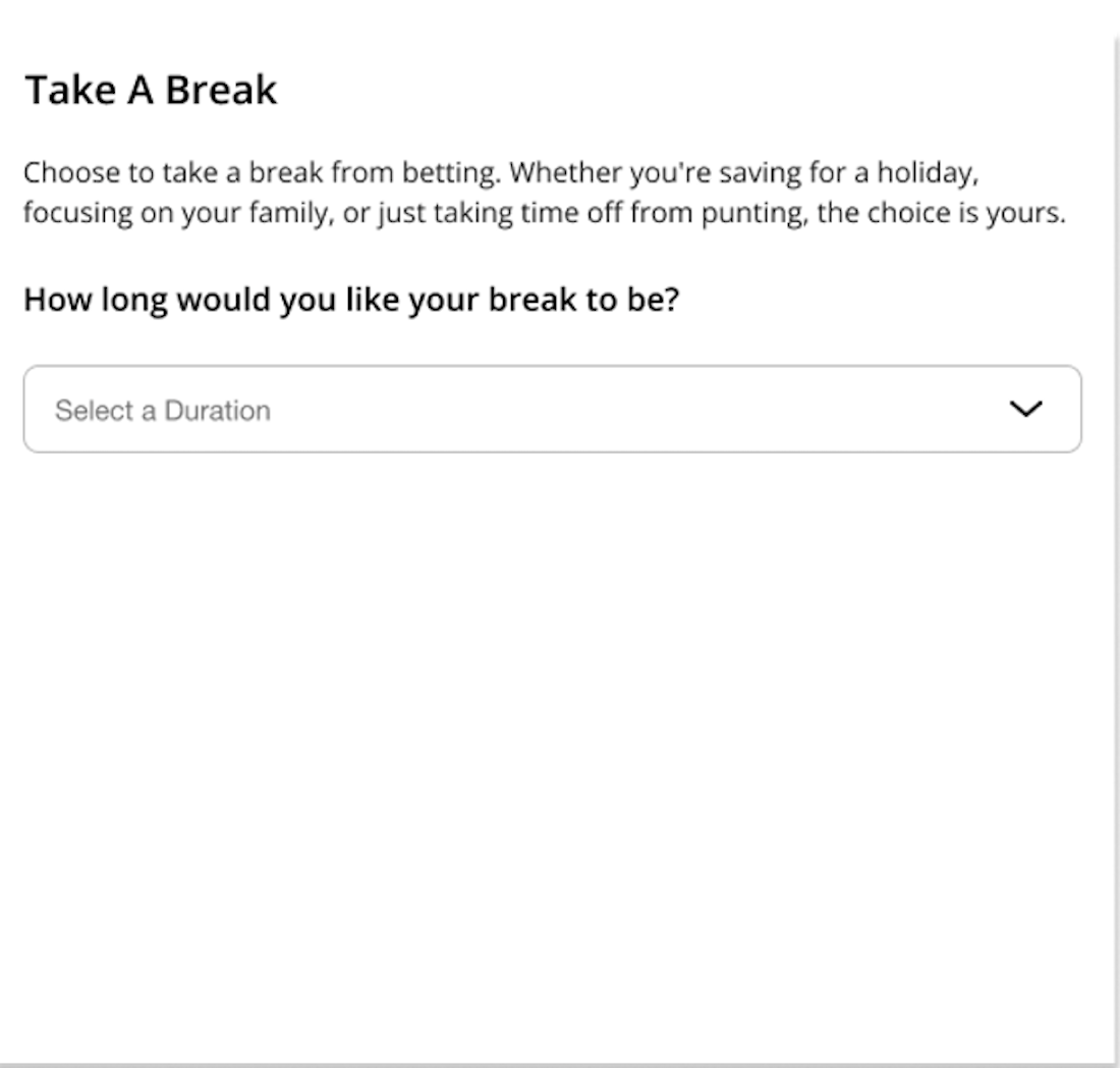 Screenshot of the tab.com.au 'Take a Break' screen. Option to select duration is shown.