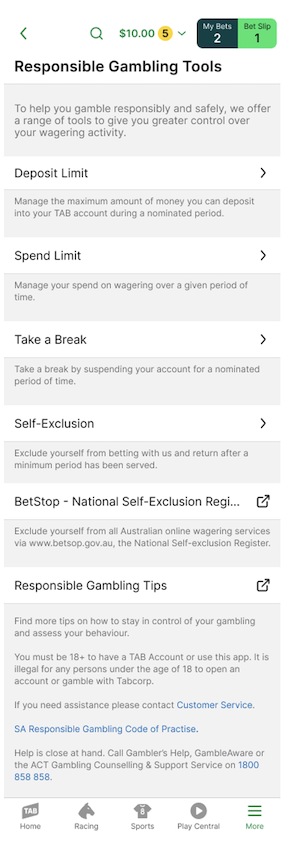 Image of TAB app Responsible Gambling Tools page.