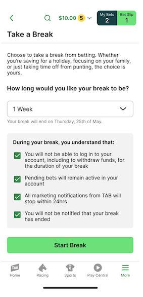TAB app 'Take a Break' screen. Conditions of break are shown.