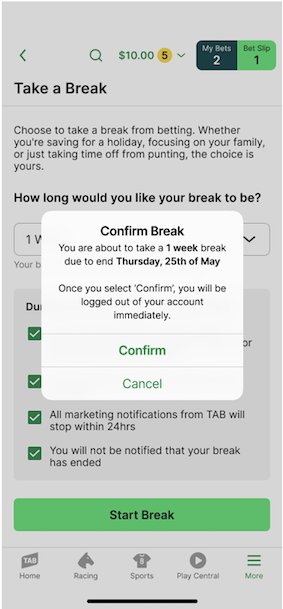 TAB app 'Take a Break' confirmation screen.
