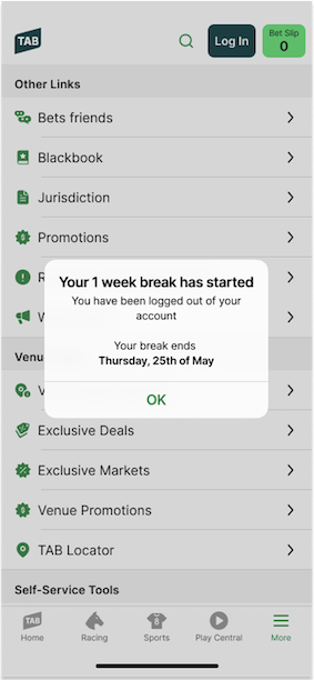 TAB app 'Take a Break' break details screen.