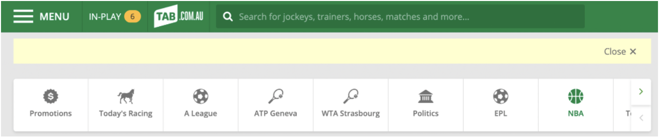 Image of tab.com.au screen. Menu button is shown in the top-left corner.