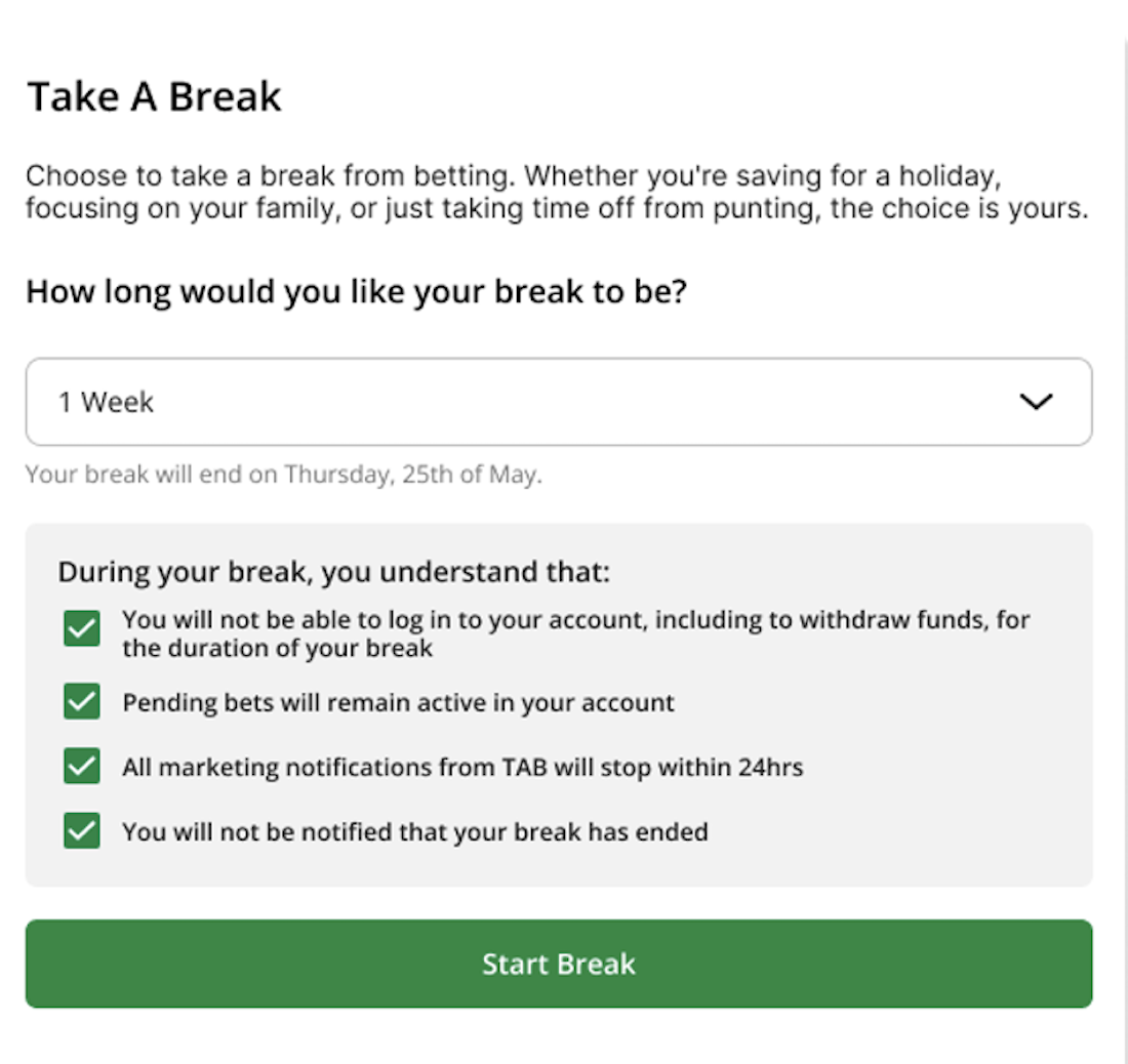 tab.com.au 'Take a Break' screen, conditions of break are shown.