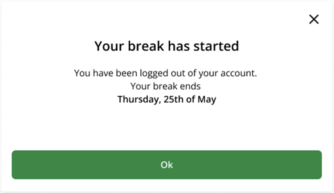 Image of tab.com.au screen confirming that break has started.