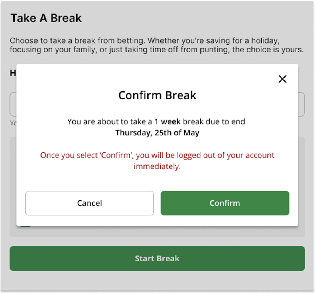 Image of tab.com.com 'Confirm' break screen. Details of break are shown.