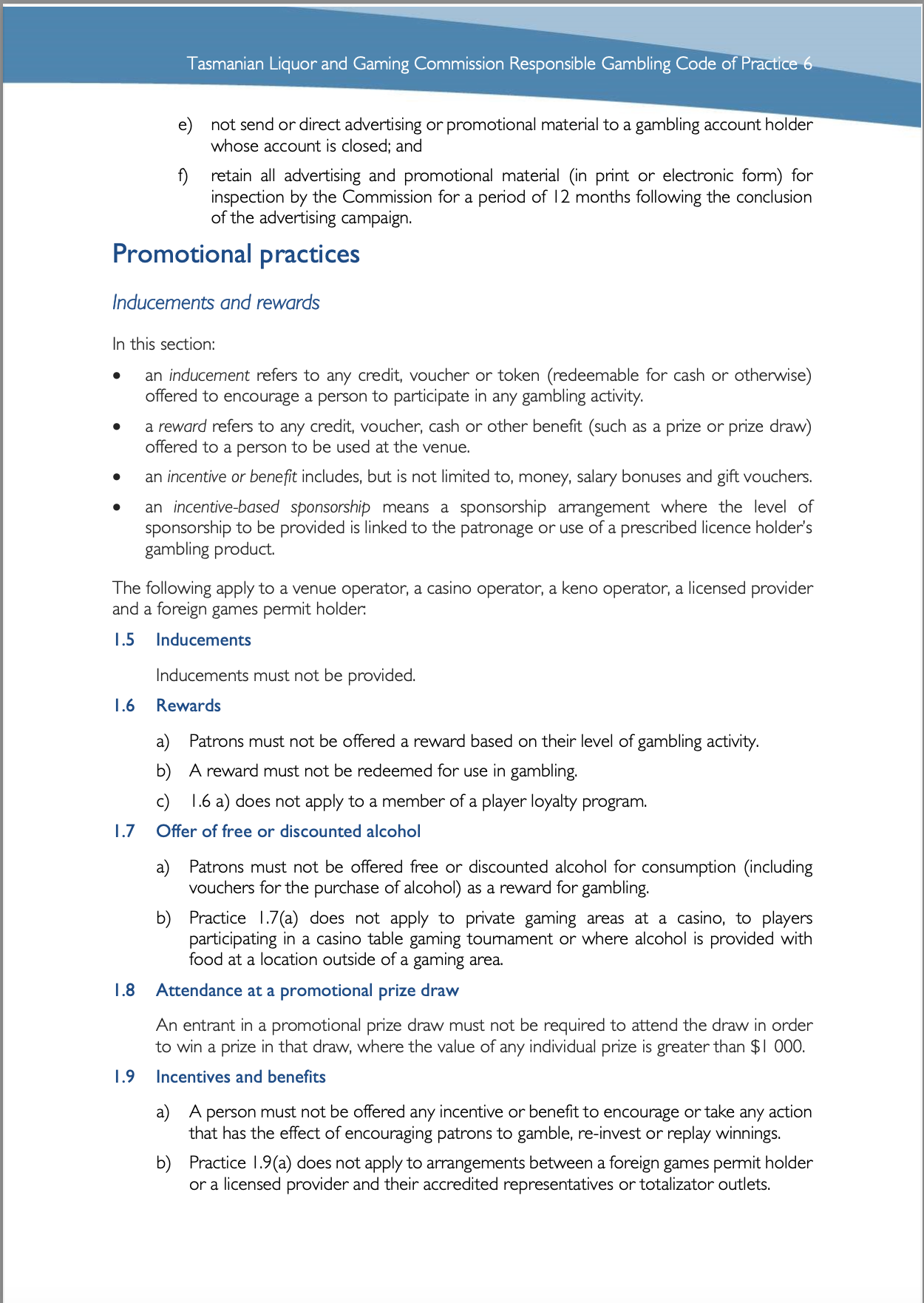 Tasmanian Liquor and Gaming Commission, Responsible Gambling Code of Practice