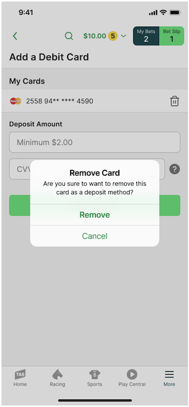 TAB app confirm debit card removal screen.