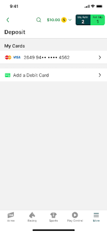 TAB app deposit screen, debit card option.