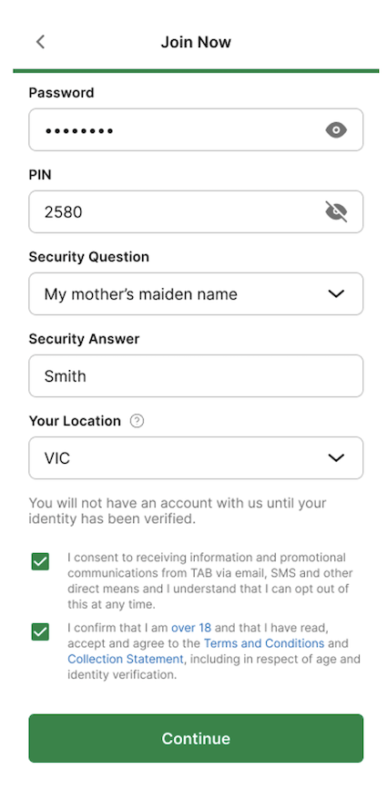TAB app, 'Join Now' set password screen.