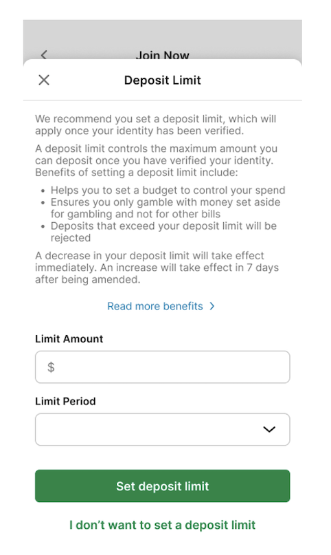 TAB app 'Set Deposit Limit' screen.