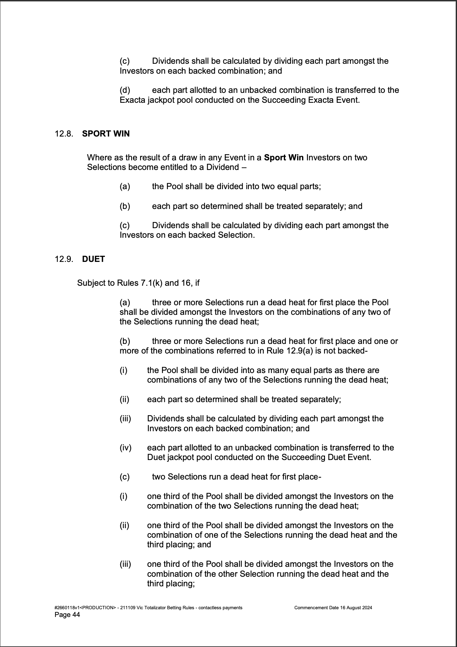 VIC Totalisator Betting Rules (Racing) page 44