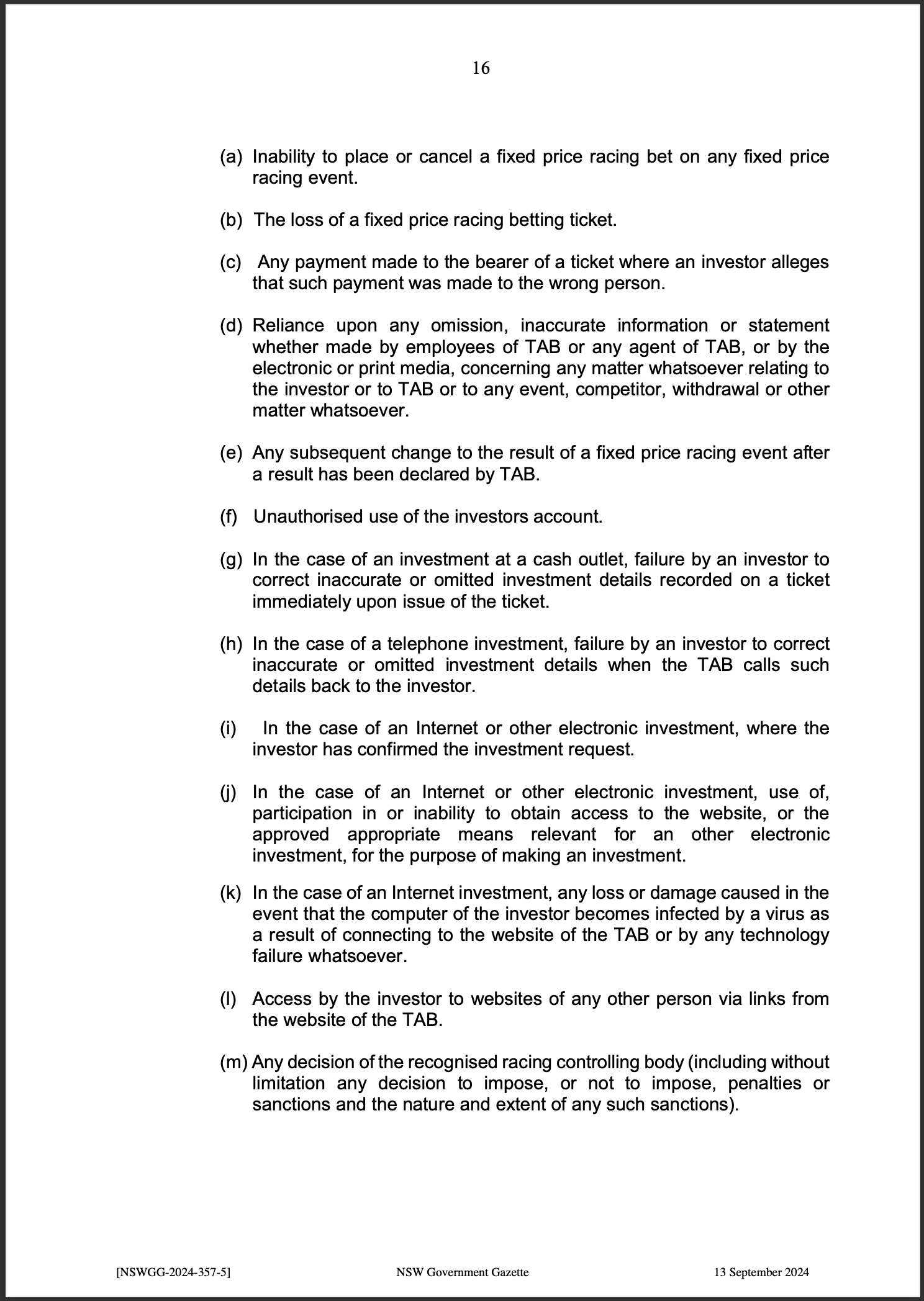 TAB Limited Fixed Price Racing Betting Rules