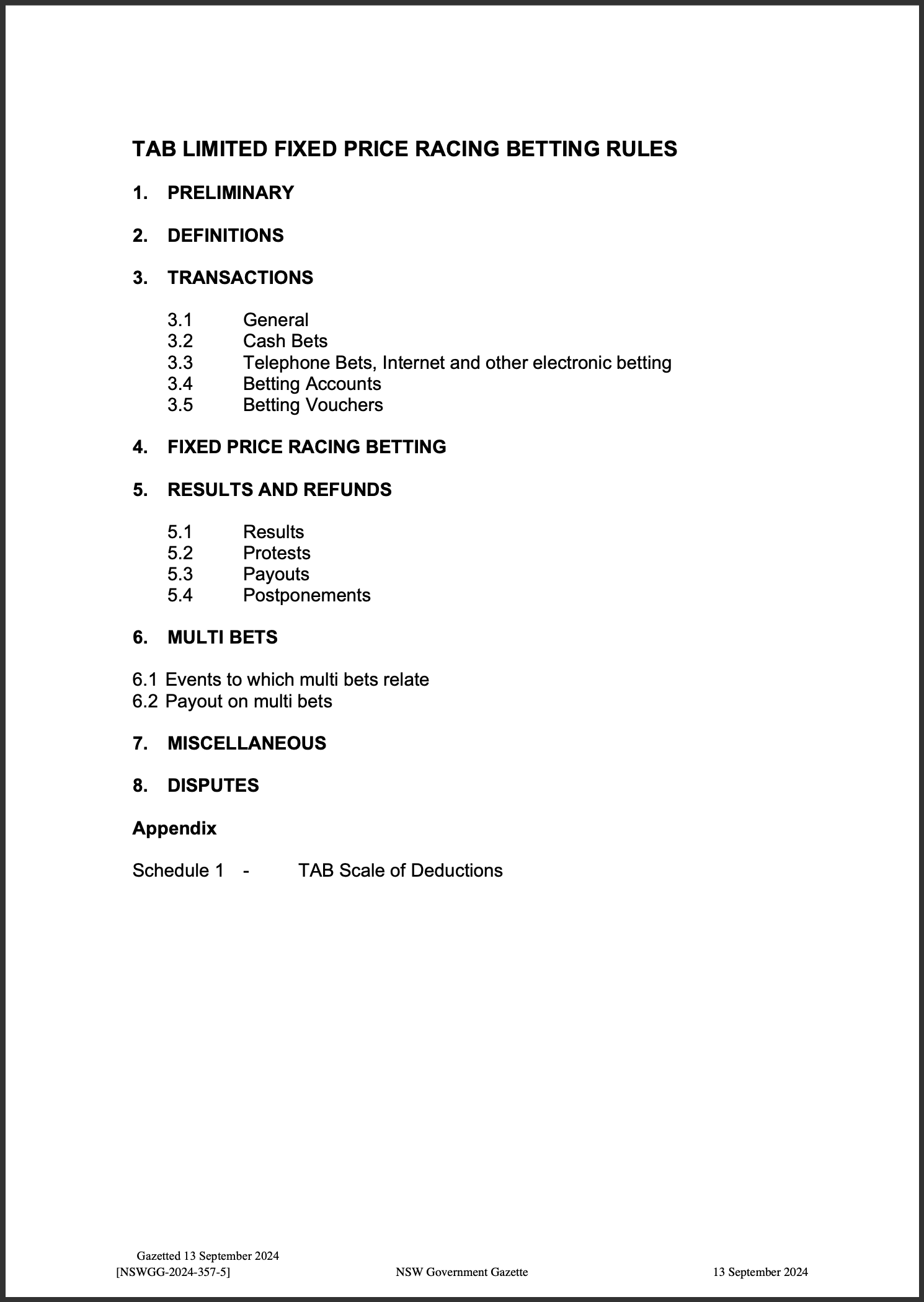 TAB Limited Fixed Price Racing Betting Rules